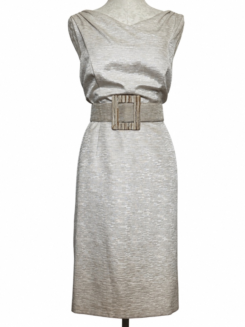 David Meister Champagne Shimmer Belted Sheath Cocktail Dress Size 14